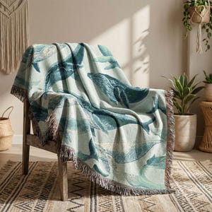 Whale Woven Blanket, Coastal Ocean Throw, Nautical Nursery Decor, Sea Life Blanket, Beach House Decor, Baby Gift Idea image 1