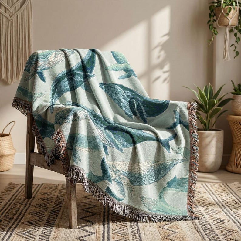 Whale Woven Blanket, Coastal Ocean Throw, Nautical Nursery Decor, Sea Life Blanket, Beach House Decor, Baby Gift Idea image 1