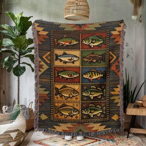 Rustic Fish Patchwork Woven Blanket, Cabin Lake House Decor Throw, Lodge Style Tapestry, Southwest Farmhouse Couch Blanket Gift