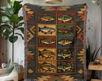 Rustic Fish Patchwork Woven Blanket, Cabin Lake House Decor Throw, Lodge Style Tapestry, Southwest Farmhouse Couch Blanket Gift