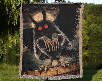 Mothman Woven Blanket, Cryptid Horror Wall Tapestry, Dark Gothic Art, Occult Night Decor Throw