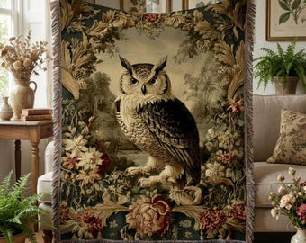Owl Woven Tapestry Blanket, Vintage Botanical Throw, Dark Academia Wall Art, Rustic Woodland Home Decor