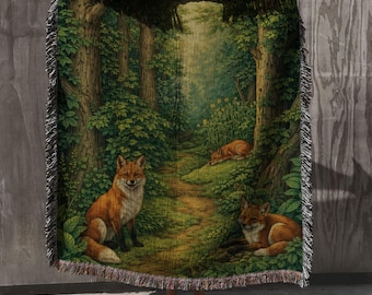 Enchanted Forest Path Woven Blanket, Woodland Tapestry Wall Hanging, Fox Art, Cottagecore Nature Decor