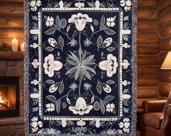 Navy Blue Woven Blanket Throw, Scandinavian Folk Art Tapestry, Nordic Floral Wall Hanging, Farmhouse Home Decor