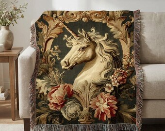 Vintage Unicorn Woven Blanket, Baroque Floral Tapestry Throw, Romantic Cottagecore Wall Decor, Medieval Fantasy Art