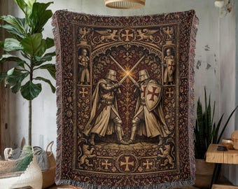 Medieval Knight Duel Woven Blanket, Crusader Tapestry Wall Hanging, Gothic Castle Art, Vintage Decor Throw