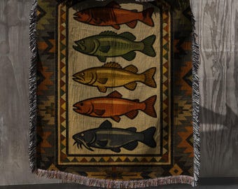 Rustic Fishing Woven Blanket, Lake House Cabin Decor Throw, Trout Bass Fish Tapestry, Lodge Style Farmhouse Couch Blanket Gift for Dad