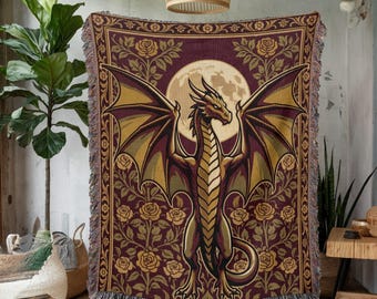 Medieval Dragon Tapestry Blanket, Gothic Fantasy Woven Throw, Vintage Gobelin Wall Art, Castlecore Floral Decor, Dark Academia Home Gift