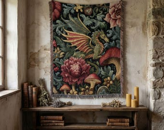 Dragon Woven Blanket, Medieval Fantasy Throw, Gothic Botanical Tapestry, Cottagecore Wall Art, Jacquard Home Decor Gift