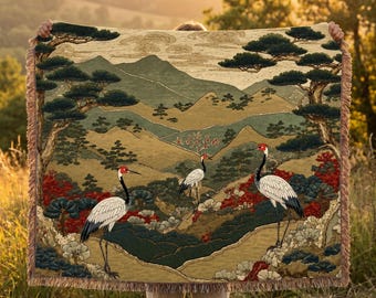 Japanese Crane Valley Woven Blanket, Red Crown Crane Landscape Tapestry Throw, Mountain Peony Decor, Chinoiserie Art Gift