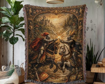 Medieval Knight Duel Woven Blanket, Fantasy Battle Tapestry, Gothic Castle Art, Dark Cottagecore Decor Throw