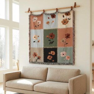 Modern Floral Patchwork Blanket, Abstract Flower Throw, Boho Minimal Blanket, Artistic Woven Blanket, Neutral Aesthetic Home Decor