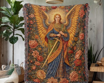 Guardian Angel Tapestry Blanket, Sacred Religious Floral Art Throw, Vintage Holy Woven Wall Hanging Decor