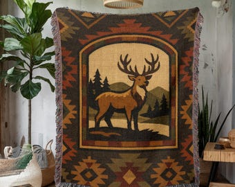 Rustic Deer Woven Blanket, Cabin Lodge Throw Blanket, Stag Mountain Tapestry, Lake House Farmhouse Decor, Cozy Gift for Dad