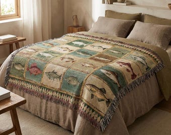 Vintage Fishing Cabin Woven Throw Blanket, Lake House Rustic Lodge Decor, Angler Patchwork Fish Tapestry