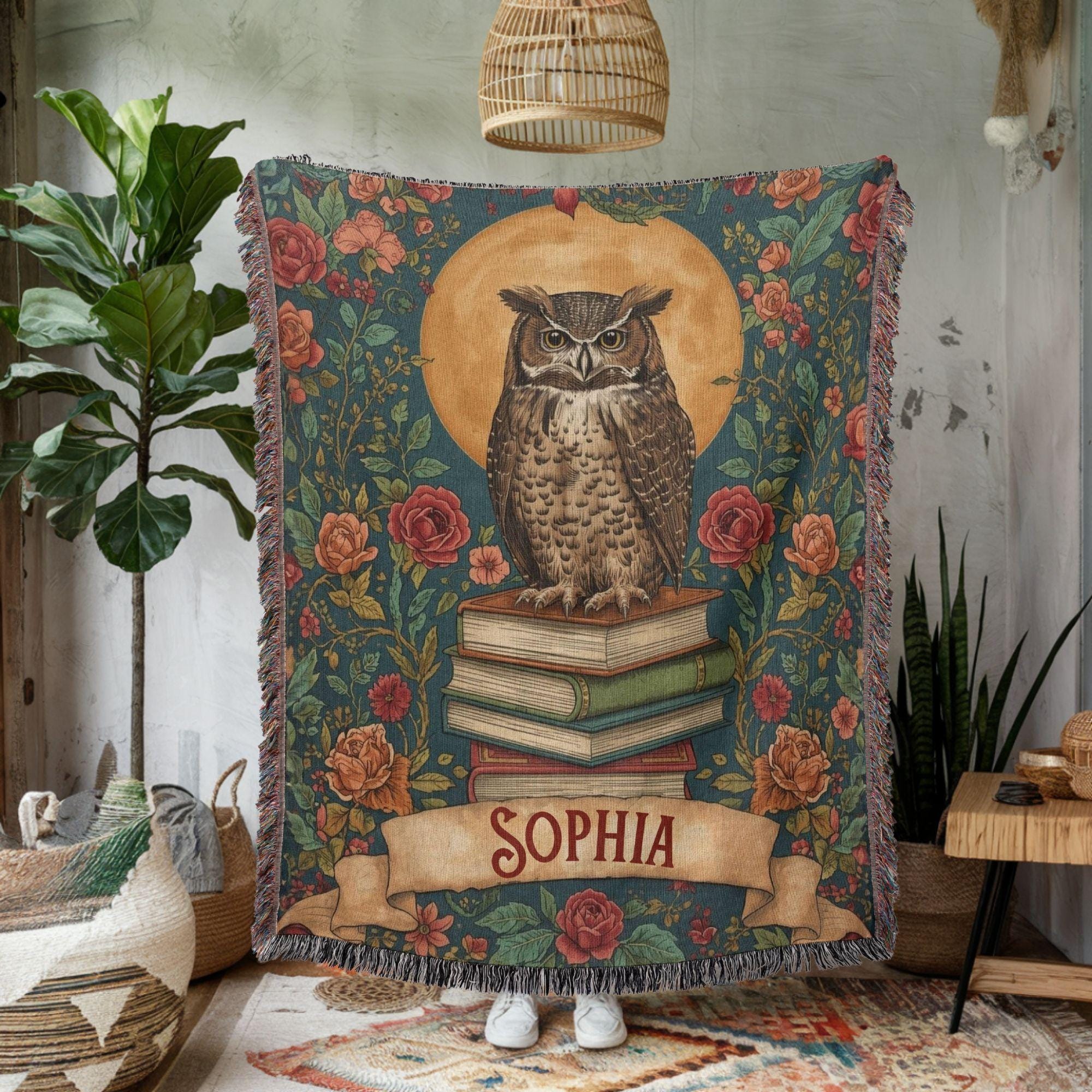 Personalized Owl Tapestry Blanket for  Book Lover, Wisdom Owl Throw, Vintage Floral Dark Academia Wo