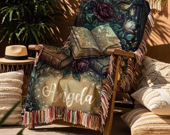 Personalized Book Lover Woven Blanket, Dark Academia Library Throw, Witchy Botanical Reading Decor, Custom Name Gift