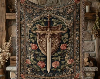 Woven Medieval Sword Blanket, Gothic Tapestry Throw, Knight Wall Art, Dark Fantasy Home Decor, Castlecore Woven Throw