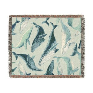 Whale Woven Blanket, Coastal Ocean Throw, Nautical Nursery Decor, Sea Life Blanket, Beach House Decor, Baby Gift Idea image 3