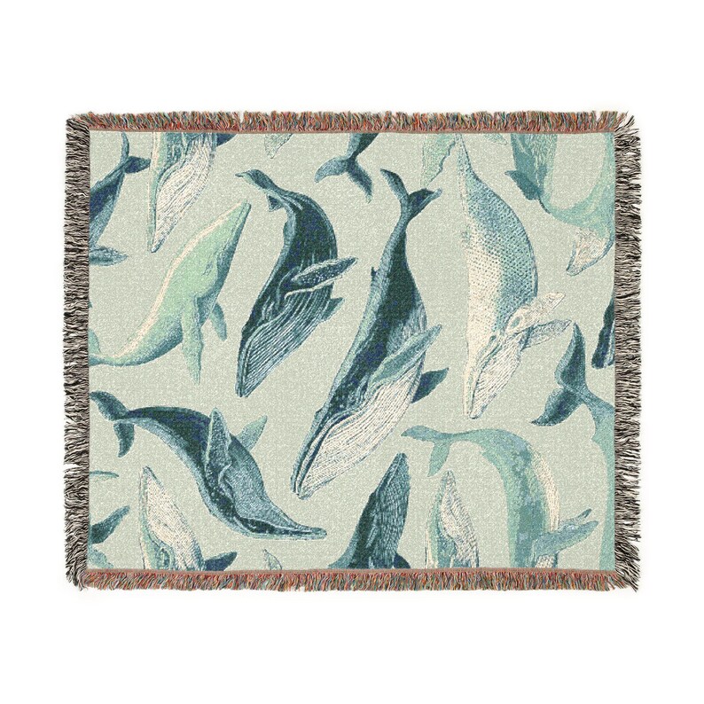 Whale Woven Blanket, Coastal Ocean Throw, Nautical Nursery Decor, Sea Life Blanket, Beach House Decor, Baby Gift Idea image 3