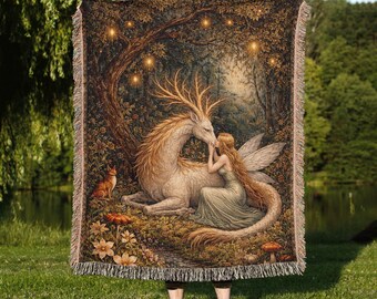 Enchanted Forest Fairy Woven Blanket, Fantasy Deer Art Tapestry, Cottagecore Wall Decor, Mythical Cozy Throw