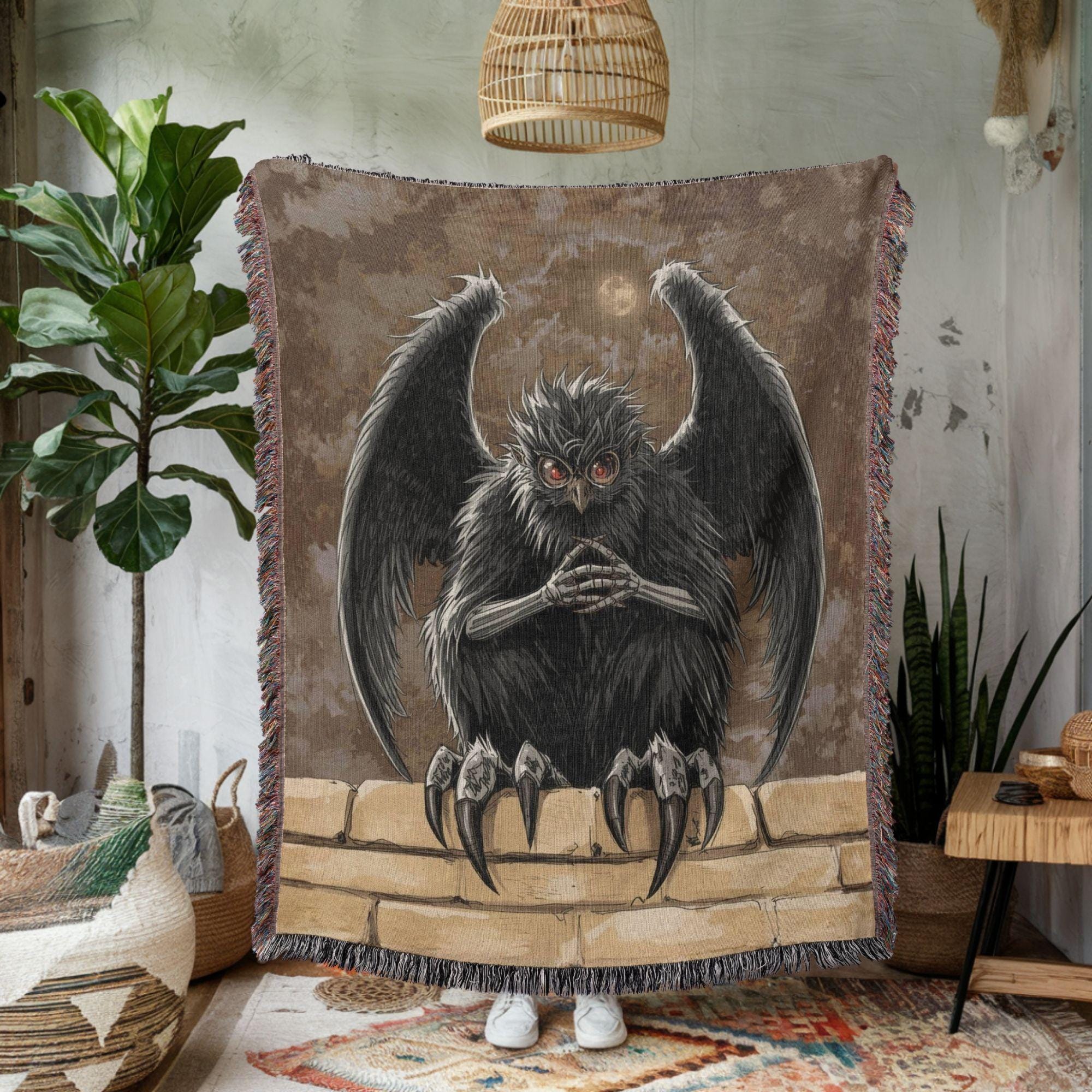 Dark Cryptid Woven Blanket, Gothic Owl Creature Throw, Night Fantasy Horror Art Tapestry Decor