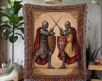 Crusader Duel Woven Blanket, Medieval Knights Tapestry Throw, Gothic Battle Decor