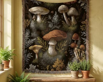 Dark Mushroom Woven Blanket Throw, Vintage Botanical Tapestry, Cottagecore Wall Art, Rustic Nature Home Decor