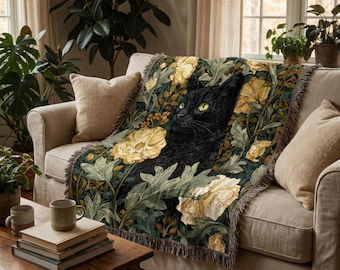 Black Cat Woven Blanket, Floral Tapestry Throw, Cottagecore Home Decor, Botanical Wall Art, Gothic Cat Lover Gift, Vintage Style Textile