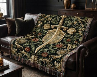 Medieval Sword Woven Tapestry Blanket, Gothic Heraldic Shield Throw, Knightcore Wall Art Decor Gift