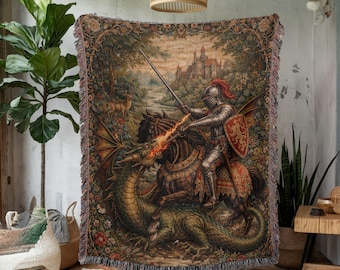 Medieval Knight Dragon Battle Woven Blanket, Fantasy Tapestry Wall Hanging, Gothic Castle Art Decor
