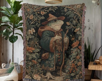 Fantasy Frog Woven Tapestry Blanket, Cottagecore Fairytale Throw, Dark Whimsical Wall Decor