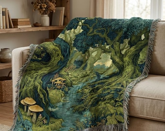Enchanted Forest Woven Blanket Throw, Woodland Tapestry Blanket, Cottagecore Nature Wall Art, Rustic Cabin Home Decor