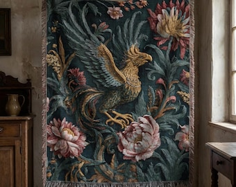 Phoenix Woven Blanket Throw, Medieval Bird Tapestry Blanket, Gothic Floral Wall Hanging, Vintage Jacquard  Throw, Cottagecore Fantasy Decor