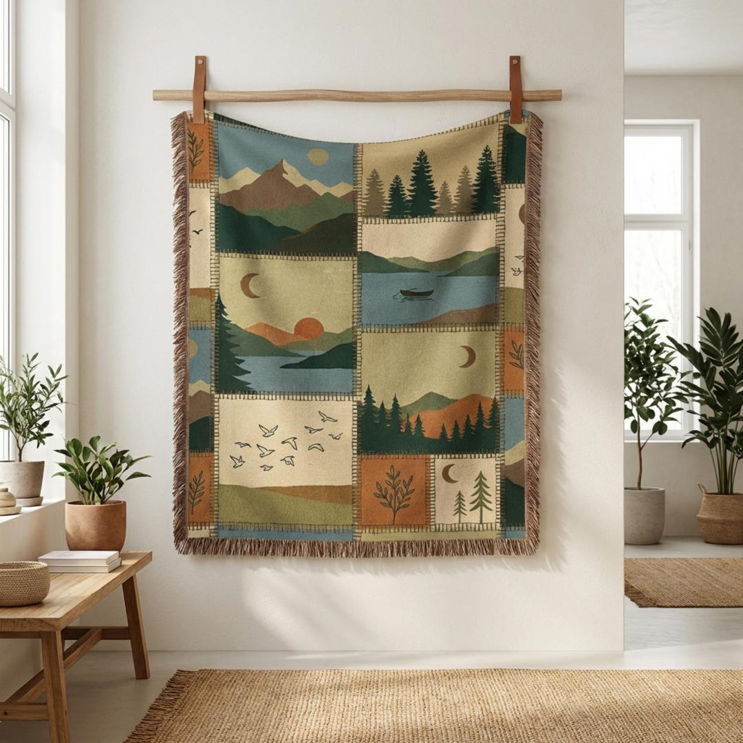 Nature's Threads Patchwork Mountain Landscape Patchwork Blanket Rustic Nature Quilt Style Cabin ...