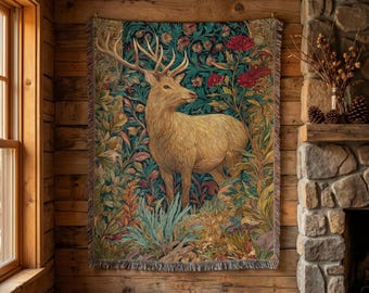 Woodland Deer Woven Blanket, Rustic Forest Throw, Nature Tapestry, Lodge Cabin Decor, Cottagecore Wall Art, Cozy Gift