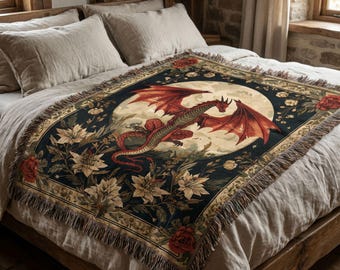 Dragon Woven Tapestry Blanket, Gothic Woven Throw, Fantasy Wall Art Decor, Medieval Moon Textile, Dark Academia Home Gift