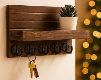 Rustic Wood Key Holder Shelf with Black Metal Hooks Wall Organizer
