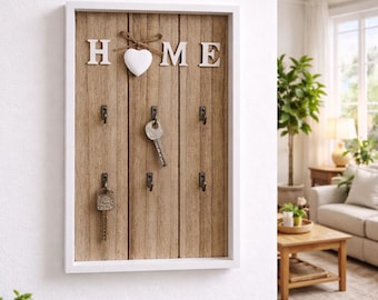Rustic Wooden Key Holder Wall Decor with Hooks | Farmhouse Entryway Organizer | Home Keys Rack, Heart & HOME Letter Wall Decor