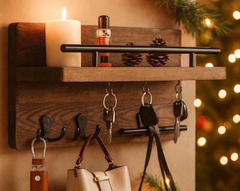 Rustic Wood Entryway Organizer with Shelf and Metal Hooks