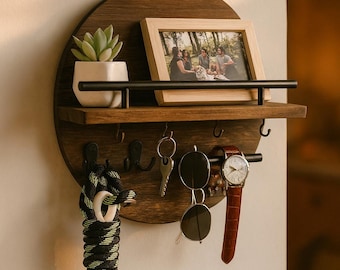 Round Wood Wall Organizer with Shelf and Hooks – Modern Entryway Key and Mail Holder