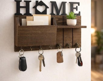 Rustic Wooden Entryway Key Holder With Shelf And Mail Organizer