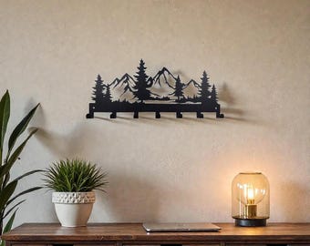Mountain Wall Key Holder with Hooks – Rustic Black Metal Entryway Organizer