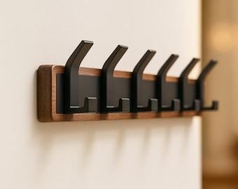Wooden Wall Hook Rack with Black Metal Hooks – Modern Entryway Coat Rack, Key Holder Organizer, Minimalist Home Decor