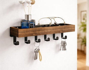 Wood Wall Key Holder with Shelf – Wall Mounted Entryway Organizer, Rustic Wooden Key Rack with Hooks for Keys