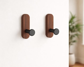 Walnut Wood Wall Hooks Set Minimalist Black Metal Key Holder