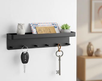 Minimalist Black Metal Key Holder With Shelf Wall Mounted Entryway Organizer