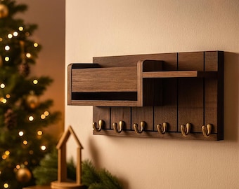 Wood Wall Organizer Shelf with Hooks in Black or Natural Wood
