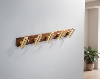 Walnut Wood Wall Coat Rack with Brushed Brass Hooks