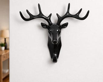 Black Deer Head Wall Hook Resin Antler Key Holder Entryway Decor